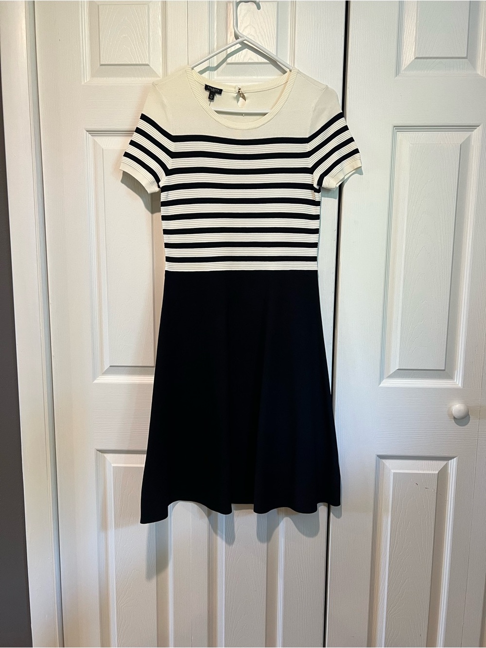 Talbots Black and White Striped Knit Fit-and-Flare Dress